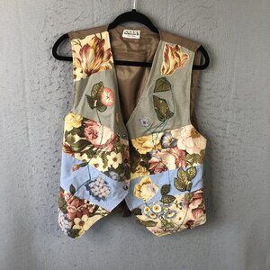 Cile's Studio Vest Womens Large Floral Patchwork Tapestry Button Front Tie Back